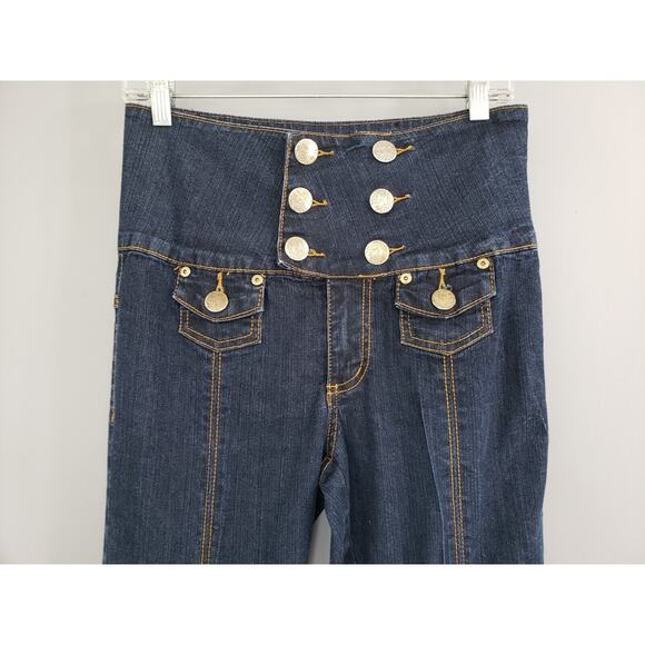 RARE Vintage y2k flare jeans juniors Early 2000s ULTRA HIGH RISE no butt pockets - Picture 2 of 4